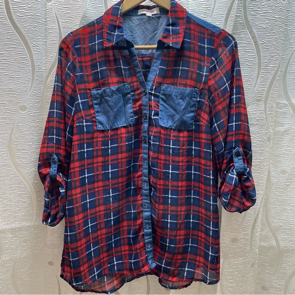 LE GRENER Plaid‎ Sheer Button Down Shirt Women Red Blue White Roll Tab Sleeves